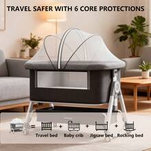 Lcchabls 4 In 1 Baby Bassinet & Bedside Sleeper With Rocking Mode, Portable Crib For Newborn With Wheels, Foldable Bedside Crib For 6 Height Adjustable, Breathable Mesh, Soft Mattress, Storage Basket & Removable Mosquito Net (Black) - 黑色 - 查看 5