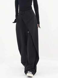 여성용 우아한 캐주얼 비대칭 패치워크 디자인 솔리드 컬러 직물 바지, 단추, 사무실, 일상복, 공항, 봄/가을에 적합