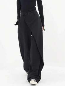 Women's Wide Leg Suit Pants, Loose Black Trousers, Asymmetrical Straight Leg Pants, Fashionable Casual Thin Dress Pants For Spring/Summer