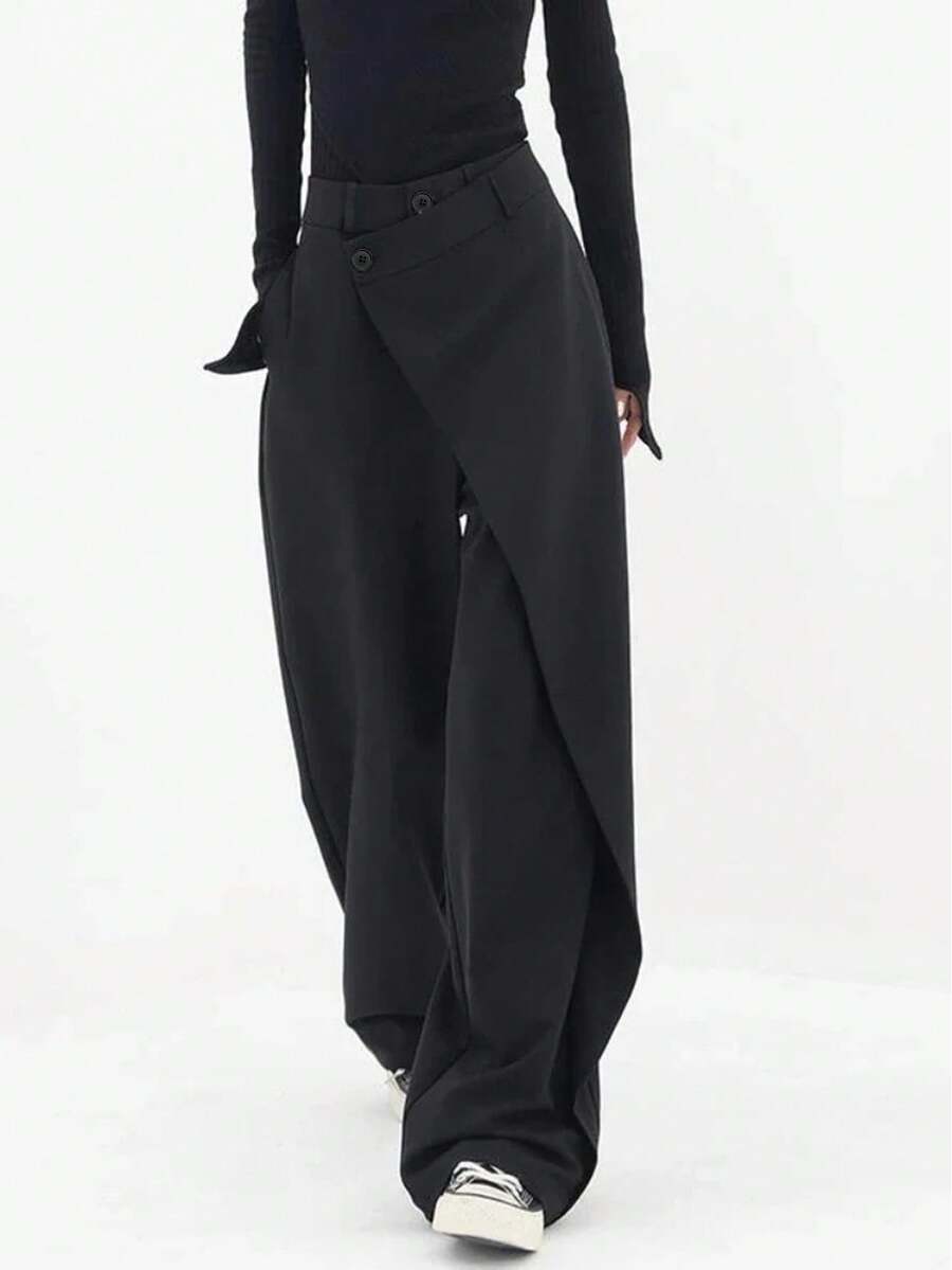 Women's Wide Leg Suit Pants, Loose Black Trousers, Asymmetrical Straight Leg Pants, Fashionable Casual Thin Dress Pants For Spring/Summer