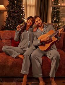 Couple Matching Pajamas 100% Cotton Long Sleeve Sleepwear Button Down Loungewear Pjs Set S-XXLhalloween - 棕色 - 查看 2