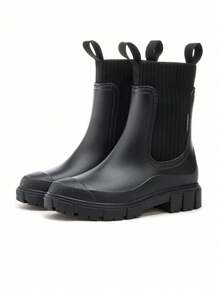 Women's Solid Color Waterproof Rain Boots, Fashionable Round Toe Boots For Wearing Outdoors, Non-Slip Rain Boots For Women And Girls - Black - View 1