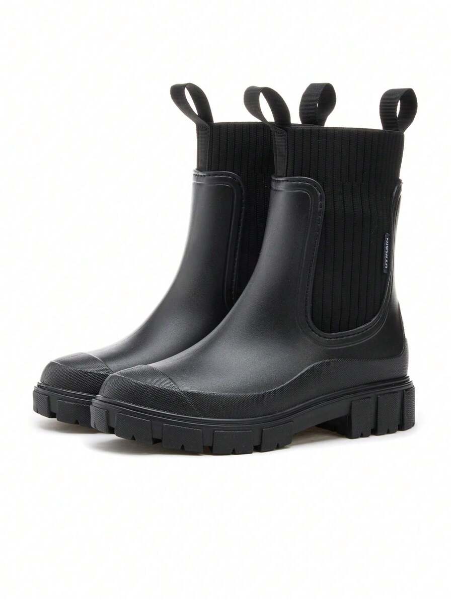 Women's Solid Color Waterproof Rain Boots, Fashionable Round Toe Boots For Wearing Outdoors, Non-Slip Rain Boots For Women And Girls - Black - View 1