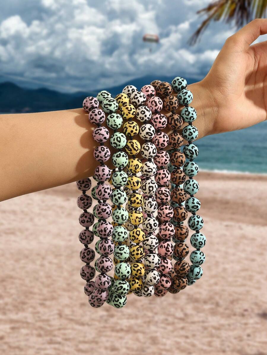 1 pieza Collar tejido a mano con cuentas, estilo bohemio, con diseño geométrico redondo de resina con estampado de lunares y leopardo, para regalo y uso diario