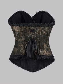 1 件女式新款复古风格紧身胸衣，带黑色和金色花卉提花褶皱荷叶边的束腰带，带骨架支撑的腰带，紧身胸衣，可搭配服装 - 黑色 - 查看 4