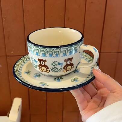 Vintage Hand-Painted Ceramic Bear Cup And Saucer Set, Lily Of The Valley Pattern Afternoon Tea Cup, Suitable For Latte, Tea, Scotch Coffee, Suitable For Home, Office And Cafe, Gift