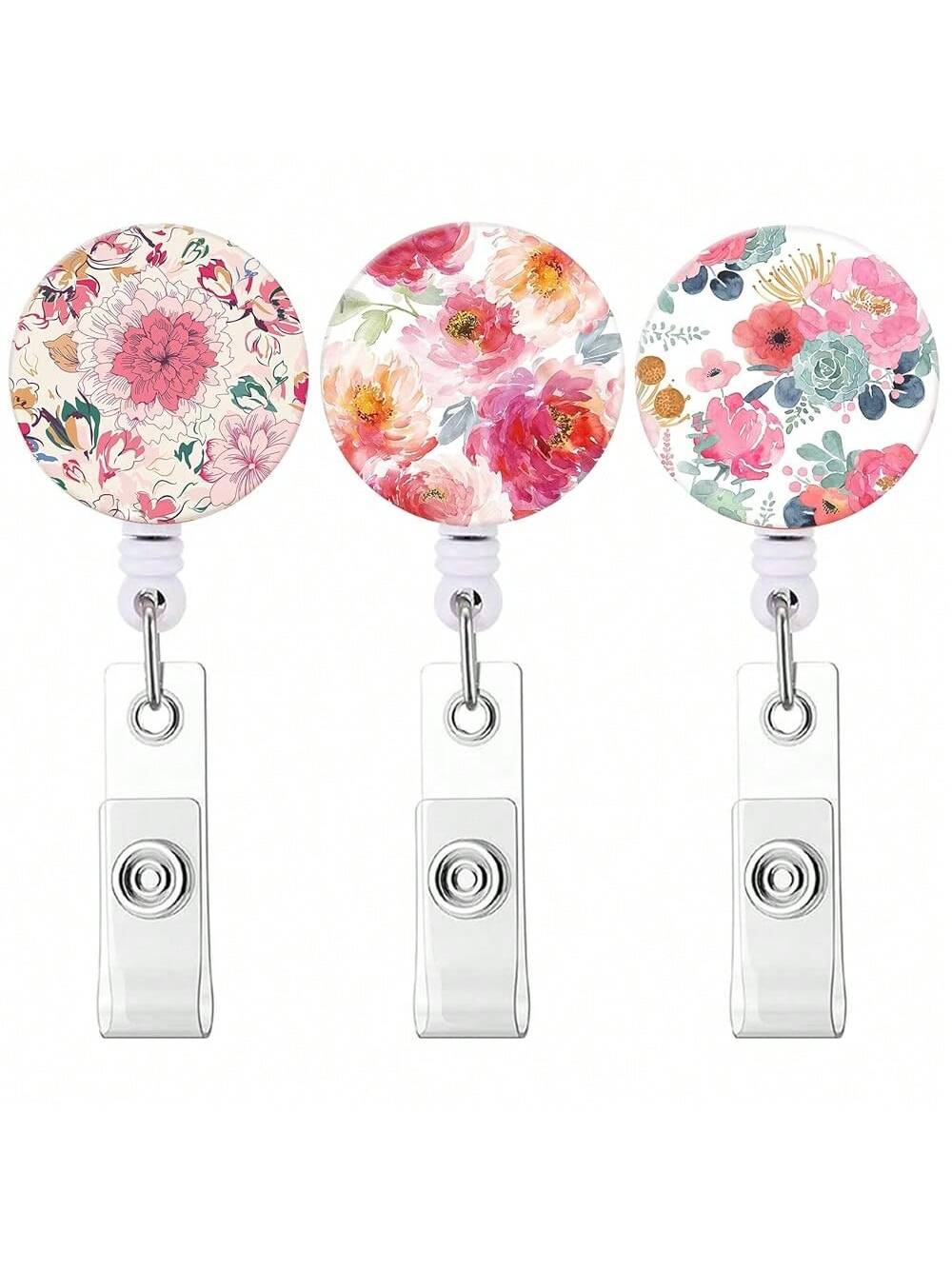 Badge Reel, Retractable Nurse Badge Holder With Alligator Clip ID Name Card Badge Clip For Office Student Doctor Nurse (3pack Floral Pink)