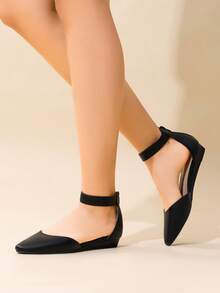 Women Flats Ankle Strap Pointed Toe 1-Inch Low Wedge Heel Flats Fashion Classic Dress Shoes For Wedding Daily Commute - ĐEN/PU - Xem 2