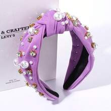 Pearl Headband Sparkly Rhinestone Pearls Knot Hairband Wide Knotted Headband Headpiece Spring Summer Pink Black Headbands Headwear Accessories (Purple Knot Hairband) - 紫色結髮帶 - 查看 10