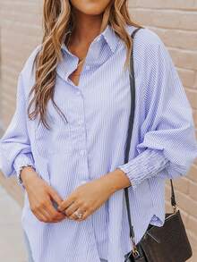 ASVIVID Women's Striped Pattern Button Collar Ruffle Cuff Long Sleeve Blouse - Blue - View 10