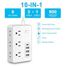 10-In-1 Surge Protector Power Strip With 6AC Outlets,4USB (1 Type-C Ports) | 5FT Compact Multi-Plug Outlet Extender With Flat Plug Design, Space-Saving Extension Cord For Home, Office, And Kitchen | Overload Protection, US Plug, Power Strip Surge Protector - Xem 3