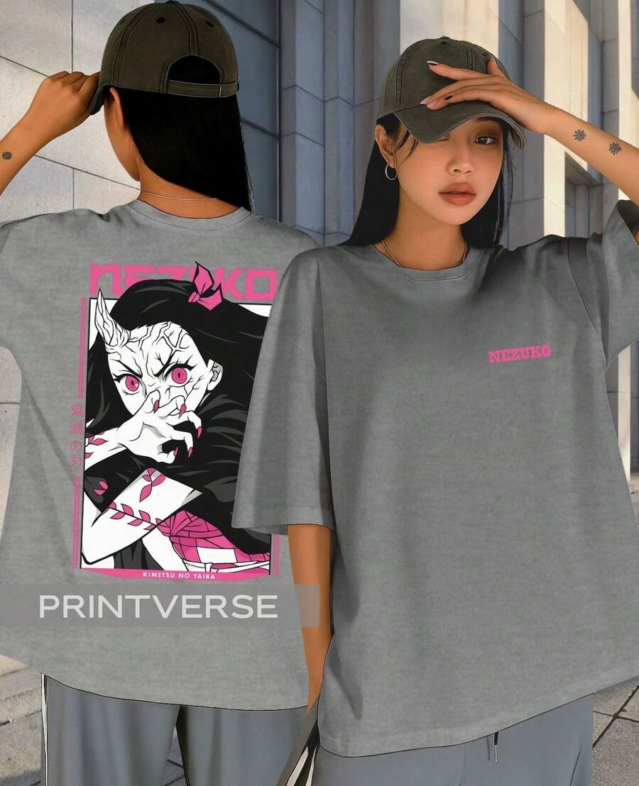 Camiseta  Nezuko Kamado Conquistadora Do Sol Oni Forma Kimetsu Camisa Unissex Plus Size Preta - Cinza - Visão 1