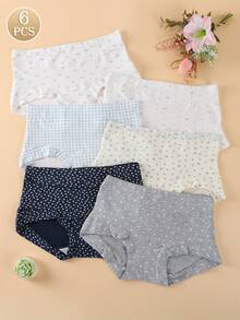 6 Peças Calcinhas de Algodão Plus Size para Mulheres, Xadrez e Floral Miúdo, Calcinha Confortável de Corte Alto - Multicolorido - Visão 1