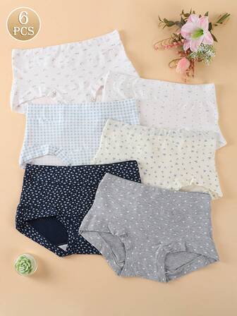 6 件大码女式棉质内裤，格子和碎花，舒适高腰三角裤