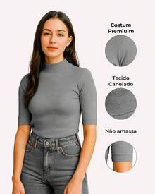 Kit 2 Women's Blouse High Neck Ribbed Premium 3/4 Sleeve Basic Elegant Comfortable Classic And Timeless Women's Fashion Ideal For Work Everyday Or Going Out Combines With Jeans Skirt Or Shorts Versatile Style Essential Piece That Enhances The Look With Comfort And Quality - 灰色+裸色 - 查看 2