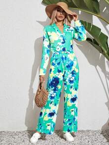 Mono de poliéster con cuello de solapa y manga larga para mujer, con estampado floral y bolsillos, elegante mono informal cruzado - Verde - Ver 1