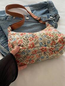 Linen Dumpling Shaped Floral Casual Handbag - Brown - View 7