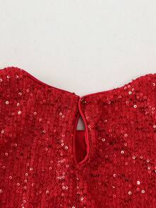 Young Girl Contrast Sequin Mesh Hem Party Dress - Red - View 11