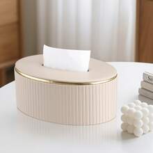 奢华竖条纹 PU 皮革椭圆形纸巾盒，优雅金边餐巾纸分配器 - 彩色 - 查看 6