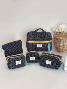 Bolsa de cosméticos de estilo clásico a cuadros, bolsa de tela con cremallera suave, diseño minimalista retro, bolsa de almacenamiento multiusos, adecuada para el hogar, viajes y uso diario, bolsa de cosméticos, útiles escolares, artículos de viaje, artículos esenciales para vacaciones, bolsas de cosméticos - Verde - Ver 6