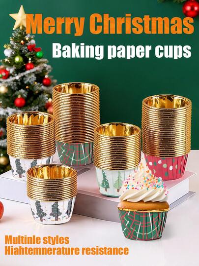 50 Stücke Weihnachts-Kuchenpapierbecher, Muffinförmchen, einfache Einweg-Cupcake-Becher für Bäckerei, hochwertige Papierbecher mit gekräuseltem Rand, Cupcake-Förmchen, wasserdichtes und ölbeständiges Papier, Kuchenformen, Dessert-Tisch-Backförmchen für Muffins, Chiffon, Mousse-Cupcakes, hitzebeständige Aluminiumfolie-Cupcake-Förmchen, Brotbackofen-Kuchenbleche, geeignet für Weihnachtspartys