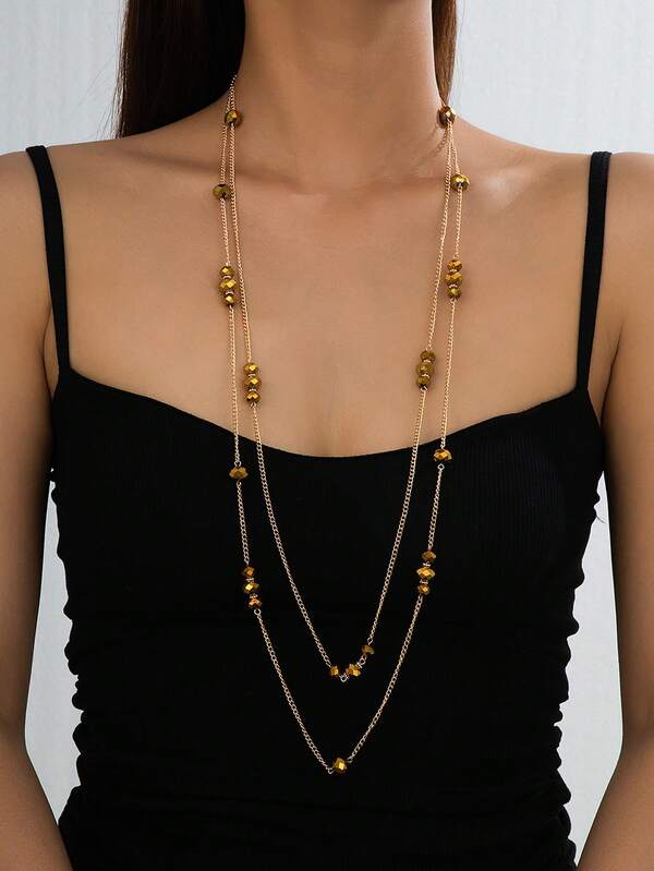 1pc Fashionable Versatile Metal Chain, Glass Bead & Engraved Pendant Necklace, Vintage Elegant Romantic Boho Style Double Layer Long Necklace, Suitable For Women Streetwear, Vacation, Date, Party, Daily Wear