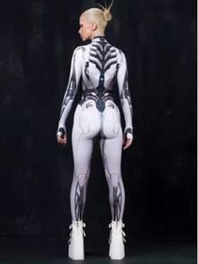 Mono sexy para fiesta de mujer, con estampado de calavera rosa, ajustado, para actuación, vacaciones, manga larga, cremallera delantera, disfraz de Halloween