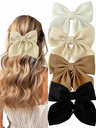 1/2/3/4/5pcs Autumn Winter Milk Coffee Color Girls Fashion Colors Short Bow Hair Clips, Soft Classic-Tailed Bow Hairpins, Vintage Metal Hair Clip Silk Headband, Elegant Hair Accessories, Great Gift For Girls