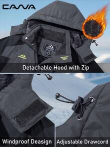 Cavva 男士防水滑雪夹克 冬季防风保暖可拆卸风帽多口袋徒步外套 露营滑雪登山防风衣 - 灰色 - 查看 3