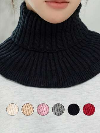 1pc Women Solid Color Knitted Neck Warmer, Knitted High Collar Scarf With Floral Trim, Thick Warm Neck Gaiter For Autumn/Winter, Multiple Colors Available, Casual & Versatile For Dress