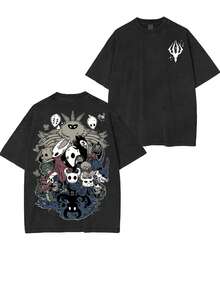 230g Washable Pure Cotton Halloween T-Shirt, Hollowed-Out Knight Silk Song Unisex Washable T-Shirt, Game Character Collection, Autumn T-Shirt For Men And Women, Horror Season T-Shirt, Machine Washable, Perfect Holiday Gift. - màu đen - Xem 1
