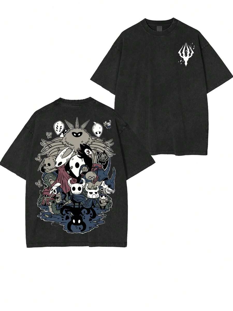 230g Washable Pure Cotton Halloween T-Shirt, Hollowed-Out Knight Silk Song Unisex Washable T-Shirt, Game Character Collection, Autumn T-Shirt For Men And Women, Horror Season T-Shirt, Machine Washable, Perfect Holiday Gift. - màu đen - Xem 1