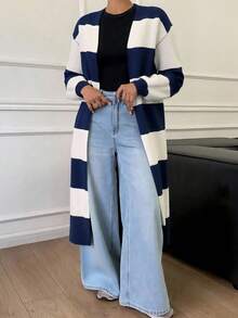 Cárdigan de punto a rayas de manga larga para mujer, con cuello en V profundo y bajo regular, adecuado para vacaciones, citas, escuela, oficina, uso diario, viajes, aeropuerto, otoño/invierno