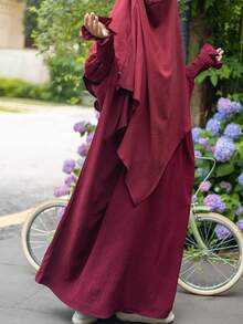 1 Set de Hiyab musulmán de doble capa elegante con buena privacidad, suave y cómodo + Vestido musulmán con diseño de manga elástica, Abaya clásica y versátil (Vestido + Hiyab)