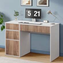 48 Inch Computer Desk With Drawers, Modern Home Office Desk With File Cabinet, Wooden Study Desk With Hidden Handle For Bedroom Or Living Room, White/ Black/ Grey - 白色 - 查看 3