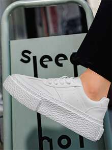Teenagers' New Skateboard Shoes, Leather Upper With Lace-Up Design, Wear-Resistant Anti-Slip Thick Sole, Casual Skateboarding Shoes - White - View 6