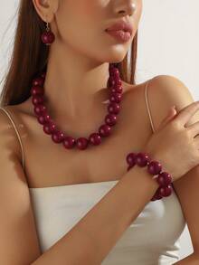 1 Set de 4 piezas de Collar, Pulsera Elástica, Aretes de Estilo Bohemio Retro Exagerado con Cuentas Geométricas de Plástico, Juego de Joyas como Regalo para Mujeres, Uso Diario