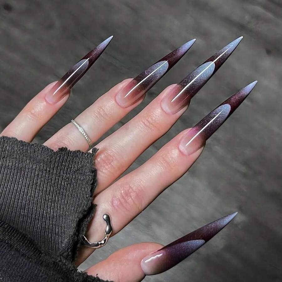 Stiletto Press On Nails Long Fake Nails Black Purple Ombre Glue On Nails Goth Acrylic Nails 24Pcs French Tip False Nails Manicure Stick On Nails Almond Artificial Nails - 多色3 - 查看 1