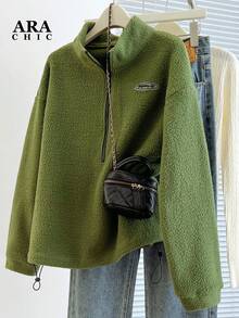 ARA CHIC Women's Lime Green Half-Zip Fleece Stand-Collar Sweatshirt - High-Street Style, Loose Fit, Warm & Comfortable Top For Outdoor & Office Wear, New Style For Autumn & Winter