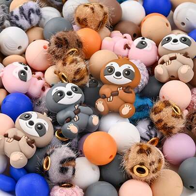 34颗硅胶毛绒珠套装，3D树懒硅胶圆珠、扁珠、豹纹毛绒珠，多功能手工串珠材料，适用于DIY串珠笔、珠宝、项链、手链、树懒减压珠，经久耐用