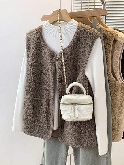 YUXIN Must - Have For Women In Autumn And Winter! Soft Faux Shearling Sleeveless Cardigan Vest With Dual Pockets, Ultra - Warm And Versatile For Daily Wear