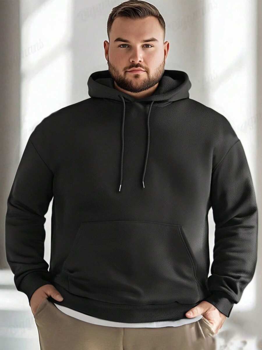 Plus Size Men's Hooded Drawstring Sweatshirt With Pockets, Suitable For Casual And Sports Wear, Spring/Autumn - Black - View 1