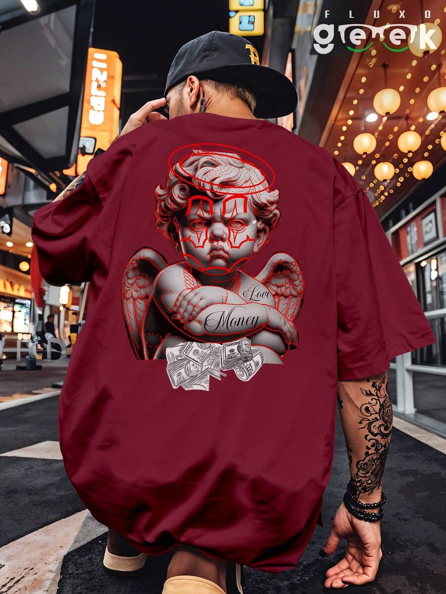 Shirt Oversized Streetwear Angel Money Dollar Cupid Angel Drawing Printed Anime REF 7177 FLUXOGEEK - 紫紅色 - 查看 1