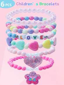 6pcs/Set Girls Cute Flower & Heart Charm Bracelet Jewelry Set, Beaded Children's Bracelet Accessories, Random Color, Suitable For Girls Party Gifts