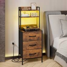 Tomnk 3 Drawers Tall Nightstand With Charging Station, 41 Inch Led Night Stand With U-S-B Port & Socket, 3 PU Finished Fabric Storage Drawers, Office, Bed Side Table & Bookshelf In One, Black/White/Rustic Brown - 美規B型插(110-127V) - 查看 3