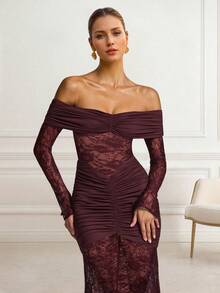 Solid Color Sexy Elegant Lace Backless Ruffle Lace Patchwork Beach Wedding Party Formal Evening Cocktail Dress - Burgundy - View 6