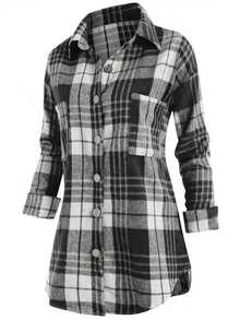 女士格子单排扣口袋设计休闲长袖衬衫 春季 - 灰色 - 查看 3