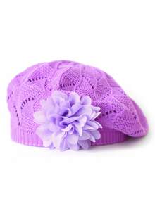 1pc Women's Casual Knitted Beret Hat With Large Floral Decor, Fashionable & Versatile Solid Color - Multicolor - View 14