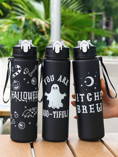 1pc 750ml/26oz Halloween Themed Plastic Straw Water Bottle, With Handle Strap, 5 Pattern Options, Leak-Proof Mouth, Portable & Durable, Spill-Proof When Inverted, Suitable For Running, Cycling, Travel, Holiday Gift, Birthday Gift, Halloween Gift