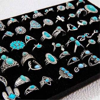 20Pcs Fashion Imitation Turquoise Women's Antique Silver Ring Set Bohemian Retro Multi-Element Flower Daily Birthday Vacation Date Party Friend Gift Jewelry Accessories